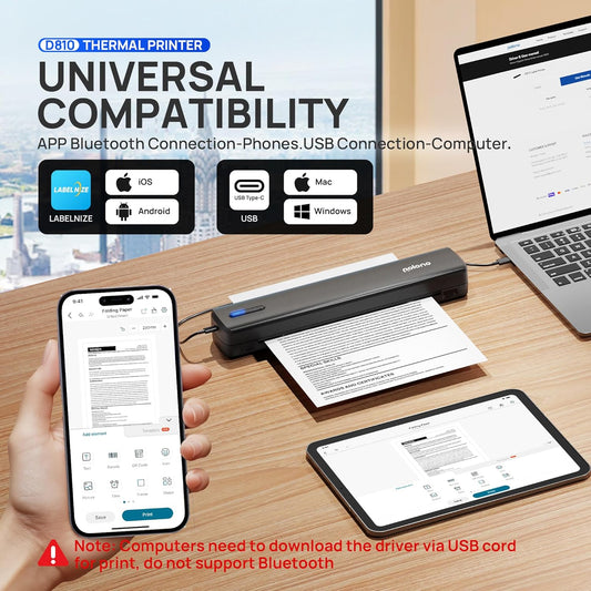 POLONO Portable Printer, D810 Inkless Bluetooth Thermal Printer Wireless for Travel, Compatible with iOS, Android, Laptop, Supports 8.5"x11" US Letter for Office, Car, Home, Black, 1 Pack