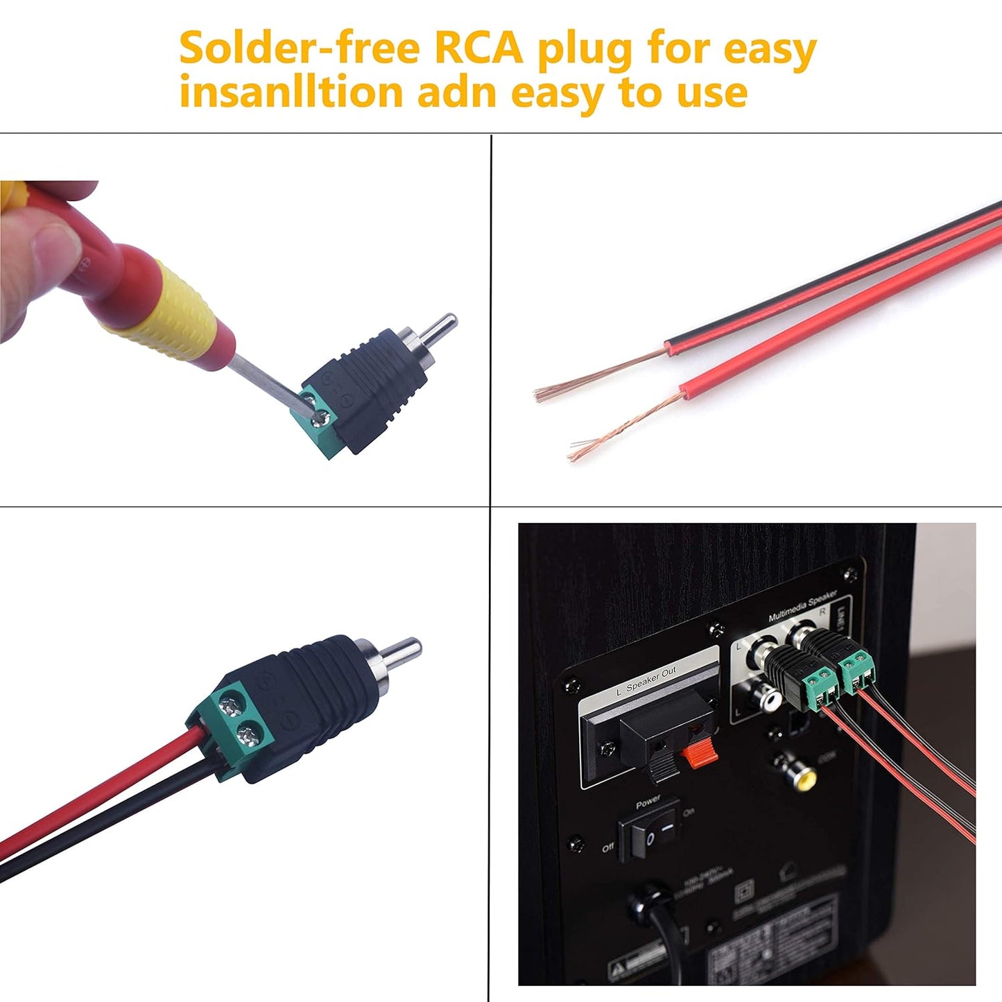 RCA Plugs for Speaker Wire, RCA to AV Screw Terminal Connector, Phono RCA Male Plug Solderless Converter Audio/Video Speaker Wire Connectors Solderless Adapter(12 Pack)