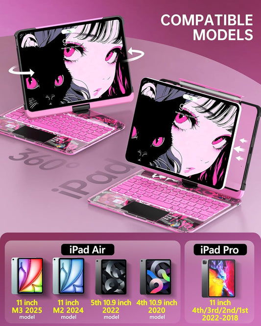 Intermerge Clear Keyboard Case for iPad Air 11" (M3/M2, 2025/2024), Air 5th/4th, Pro 11" 2022-2018, 360° Swivel Multi-Touch Trackpad, 7-Color Backlit, Pencil Holder, Type-C, Blush Pulse