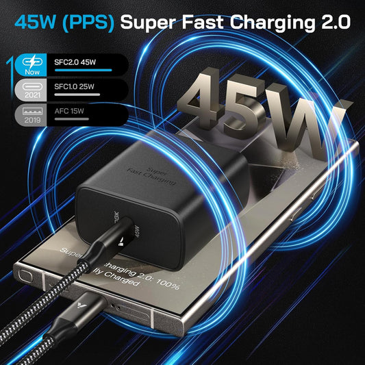 45W Super Fast Charger USB C, 45 Watt Type-C Android Phone Charger Fast Charging Block with 3.3FT Type C Cords for Samsung Galaxy S25 Ultra/S24 Ultra/S24+/S23 Ultra/S23+/S22 Plus/S20, Tab S9/S8 Ultra