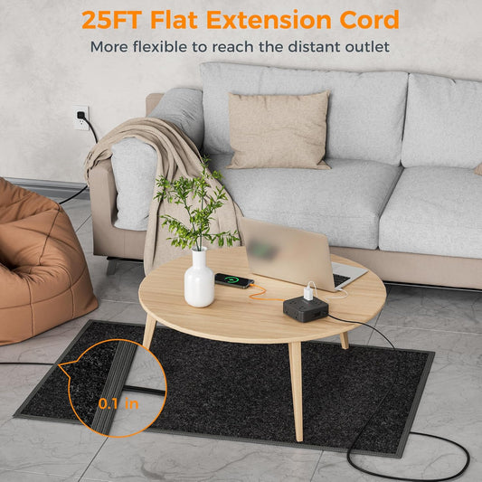 Long Extension Cord 25 FT, TESSAN Ultra Thin Flat Plug Power Strip Surge Protector with 8 AC Outlets, 3 USB Charger(1 USB C), 900J Protection Black Charging Station for Home, Office, Dorm Essentials