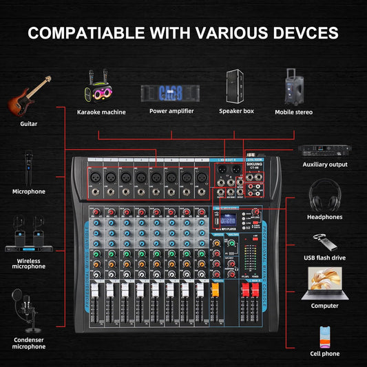 8 Channel Audio Mixer Sound Board Mixer 16 DSP Effect Audio Interfacer w/USB Drive for Computer Recording, 48V Power, XLR Microphone Jack DJ Mixer for Karaoke Studio Streaming Recording