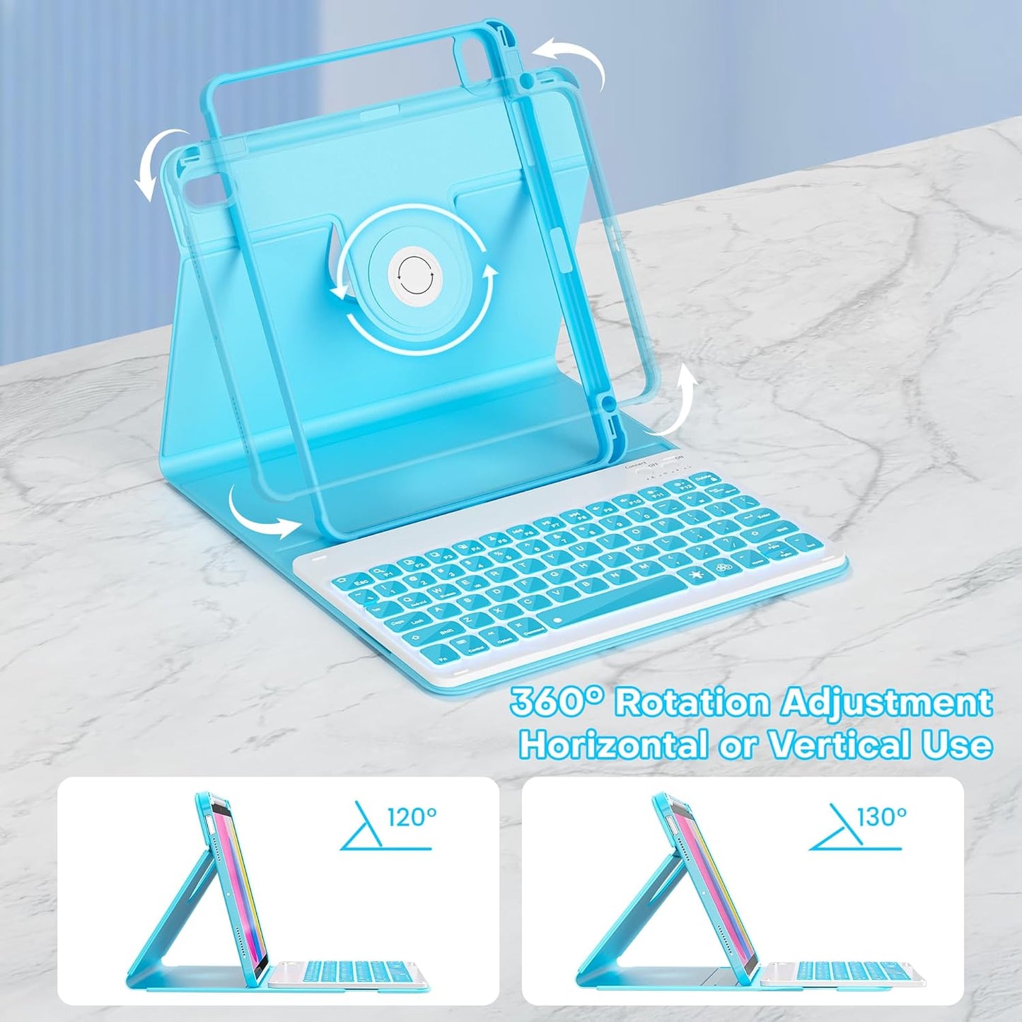 YBING Keyboard Case for iPad 10th Gen 10.9 inch(2022) & 11th Gen(A16, 2025), 360 Rotation Magnetic Cover with 7-Color Backlit Wireless Detachable Keypad with Pencil Holder for iPad 11th/10 Gen (Blue)