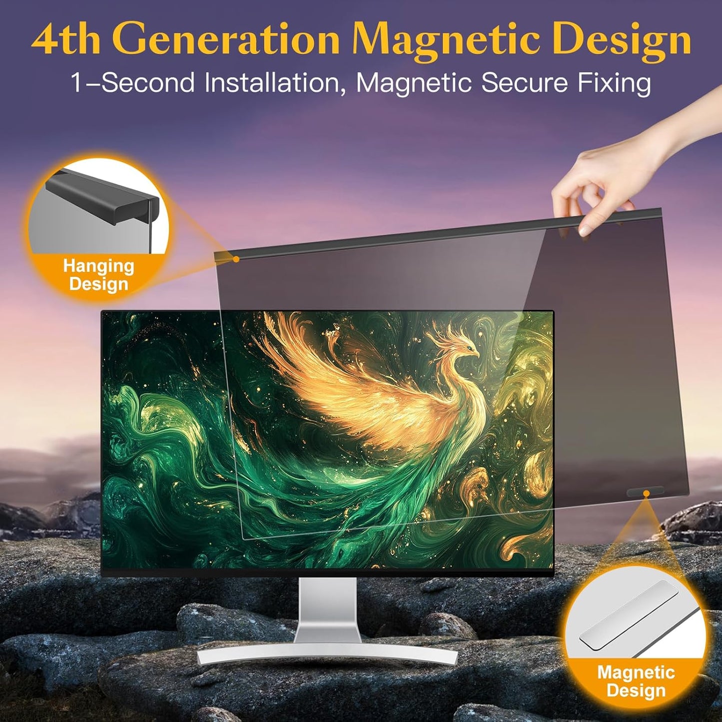 Magnetic Computer Privacy Screen Filter 27 inch for 16:9 Widescreen Monitor Desktop PC, 27in Hanging Removable Anti Blue Light Glare Eye Protection Shield, Anti Spy Screen Protector Panel