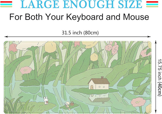 Kawaii Green Desk Mat Cute Mouse Pad Japanese, Flowers and Plants Keyboard Mat, Anime Aesthetics Large Mousepad XXL Gaming Desk Pad XL Office Home Decor for Women Girls Keyboard Pad 31.5"x15.75"