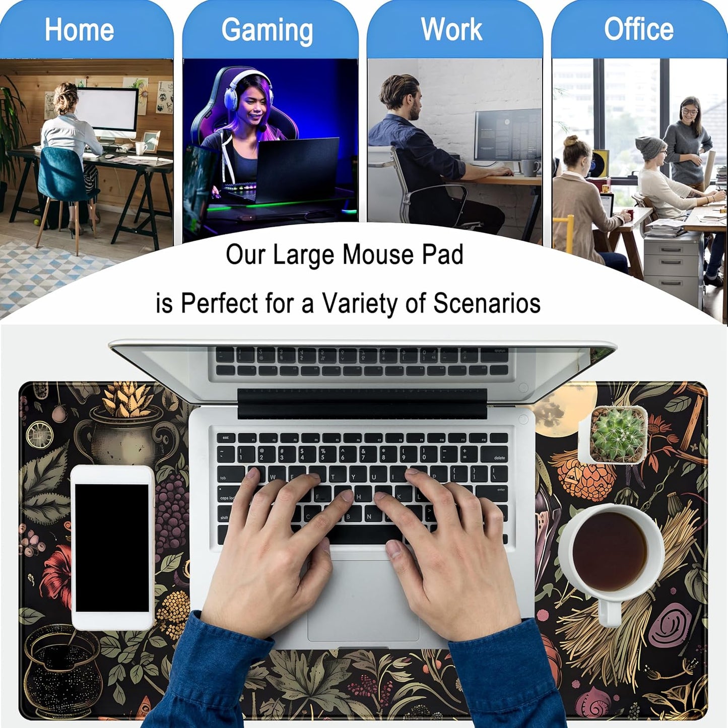 Desk Mat Botanical Witchery Mouse Pad Gaming Mat Dark Keyboard Mat, Long Mouse Mat XXL Extended Desktop Pad Computer Mats with Stitched Edges, Office Desk Accessory Home Decor 31.5" x 15.7"