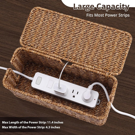 Handmade Cable Management Box, Imitation Rattan Cord Organizer Cord Hider Box, Desk Cord Management Box to Hide Cords and Power Strip L12.5 W5 H5.2 CB2412 Deep Speckled Brown