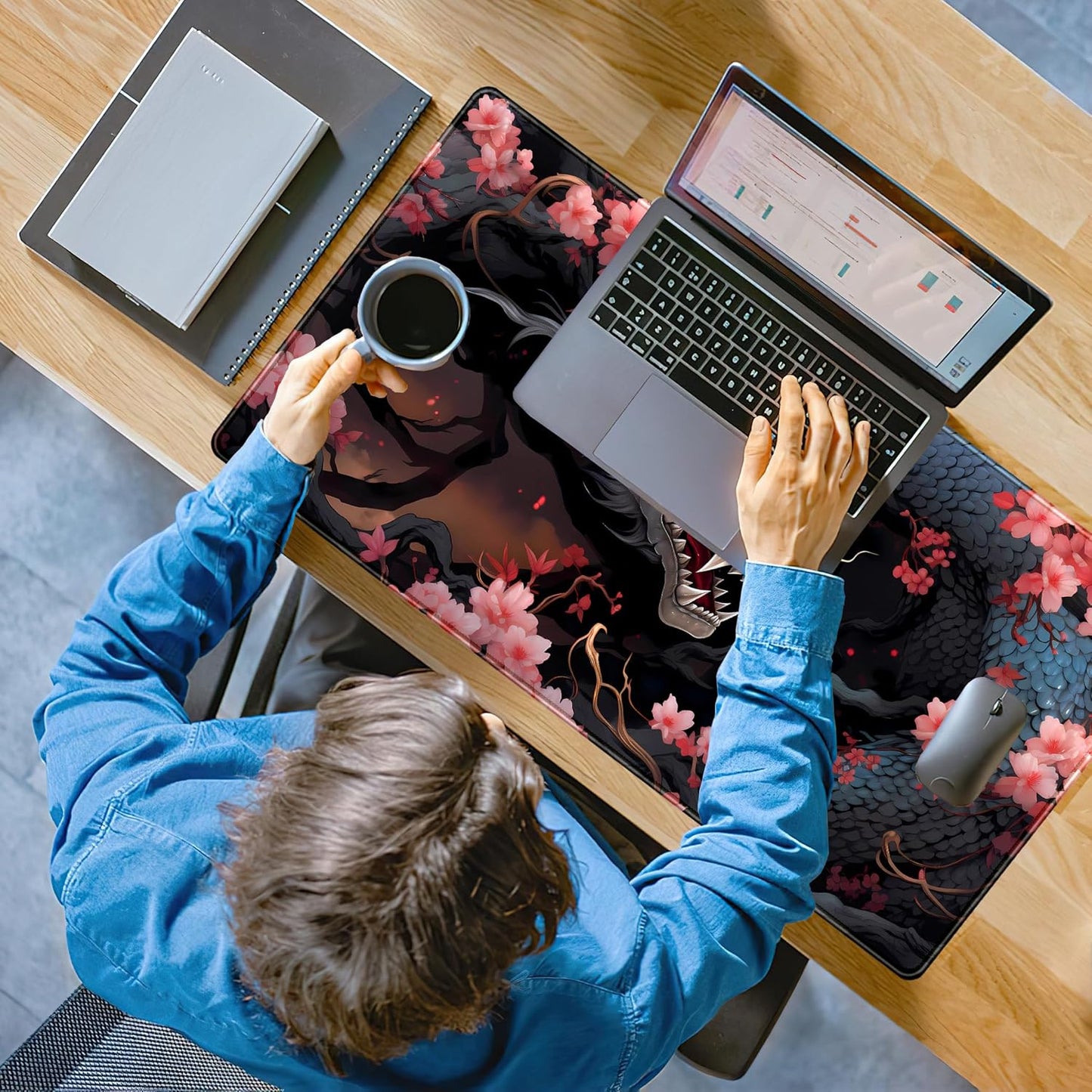 Cute Sakura Dragon Gaming Mouse Pad Kawaii XXL Large Extended Anime Desk Mat, Non-Slip Rubber Base Mousepad, Office Decor Desk Pad, Cool Keyboard and Mouse Mat with Stitched Edges, 31.5x15.75 in