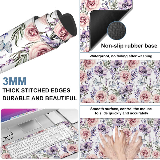 Gaming Desk Pad Large Extra Length Lavender, Roses and Anemone Mouse Pad Keyboard Laptop Non-Slip Waterproof with Rubber Base Thick Stitched Edge Mouse Mat for Office Home 35.4 x 15.7 Inches