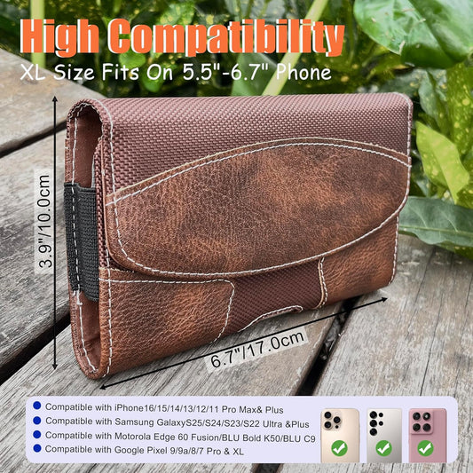 Leather Phone Holster for Men with Belt Clip, Cell Phone Holder for iPhone 17/16/15/14/13/12/Pro Max & Plus,Galaxy S25/24/23 Ultra & Plus,S24 FE,Belt Pouch Case Magnetic Closure (Brown-XL)