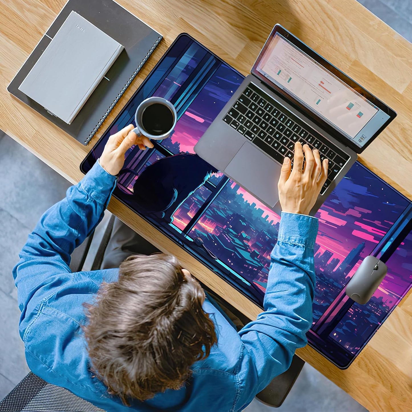 Cool Purple Kawaii Anime Moom Cat Desk Mat XXL Large Gaming Mouse Pad, Cute City Cats Desk Pad for Gamer Girl Women Office Desk Decor Mousepad, Computer Laptop Keyboard and Mouse Mat 31.5x15.75 in