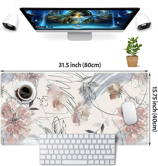 Desk Mat, Abstraction Hand Painted Flowers Extended Gaming Mouse Pad (31.5x15.75 in), Cute Large Non-Slip Rubber Base Mousepad with Stitched Edges, Keyboard Mouse Mat Desk Pad for Game Office