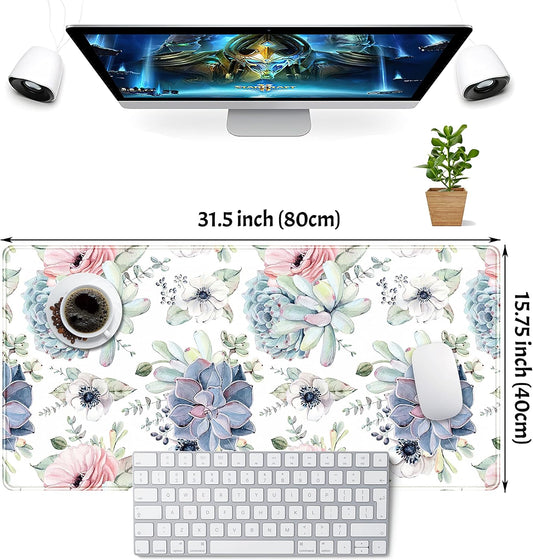 Watercolor Succulents Desk Mat, Plants Succulent Roses Desk Pad Protector, Large Gaming Mouse Pad, Stable Rubber Base Mousepad with Stitched Edges, Keyboard Mouse Mat for Work, Game, Office, Home