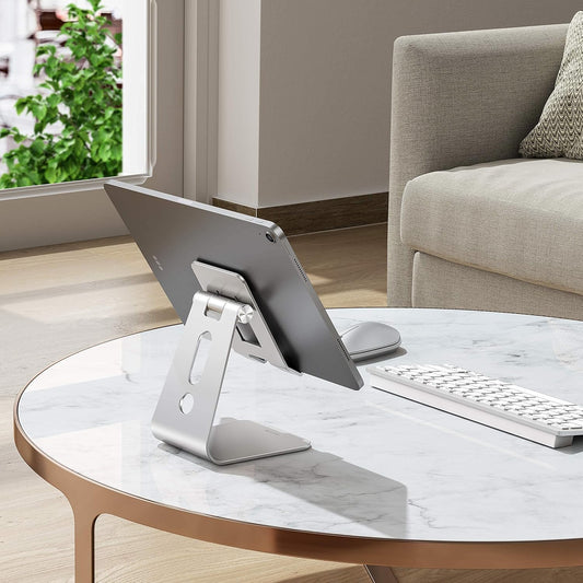 OMOTON Adjustable Tablet Stand for Desk, Upgraded Longer Arms for Greater Stability, T2 Tablet Holder with Hollow Design for Bigger Sized Phones and Tablets Such as iPad Pro/Air/Mini, Silver
