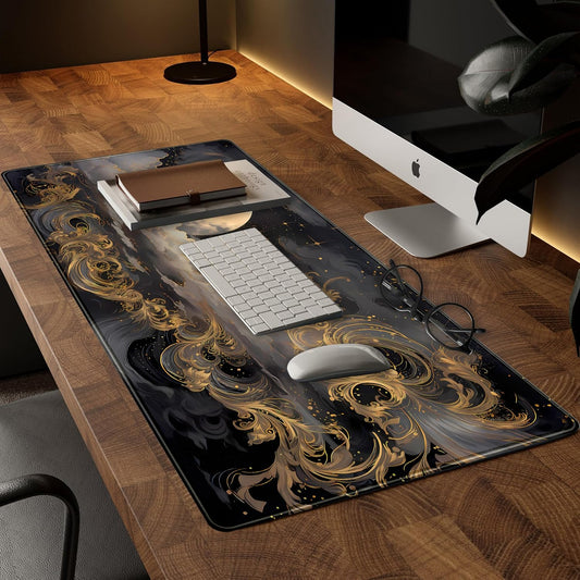 Golden Moon Desk Pad Black Desk Mat XXL Mouse Gaming Pads, Starry Sky Keyboard Pads Extra Large Desktop Computer Mats with Non-Slip Base & Stitched Edges, Vintage Office Decor 31.5" x 15.7"