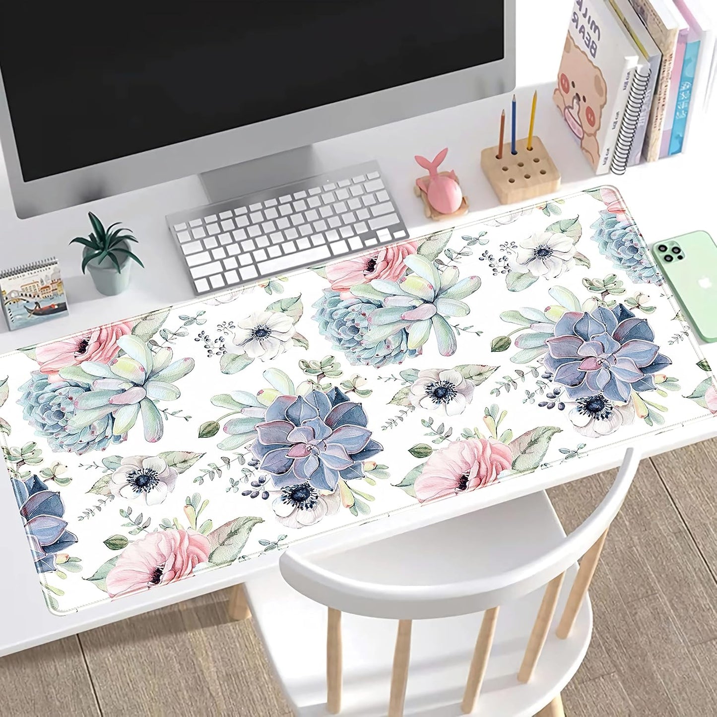 Watercolor Succulents Desk Mat, Plants Succulent Roses Desk Pad Protector, Large Gaming Mouse Pad, Stable Rubber Base Mousepad with Stitched Edges, Keyboard Mouse Mat for Work, Game, Office, Home