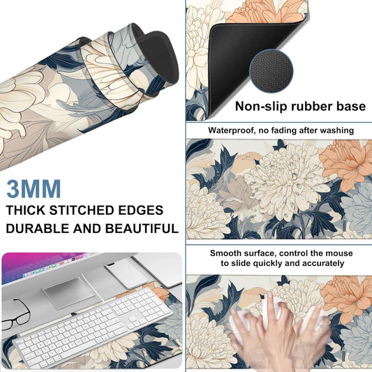 Beautiful Chrysanthemum Gaming Mouse Pad 3mm Thick Stitched Edge Waterproof Non-slip Large Computer Keyboard Mouse Mat,Suitable for Office Entertainment Decorative Desk Pad 35.4 x 15.7 Inches