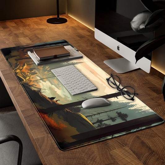 Desk Mat Gaming Desk Pad Valleys, Forest Mouse Pad XXL Extended Large Mouse and Keyboard Mat, Computer Desktop Mat with Non-Slip Base & Stitched Edges, Aesthetic Nature Desk Decor 31.5" x 15.7"