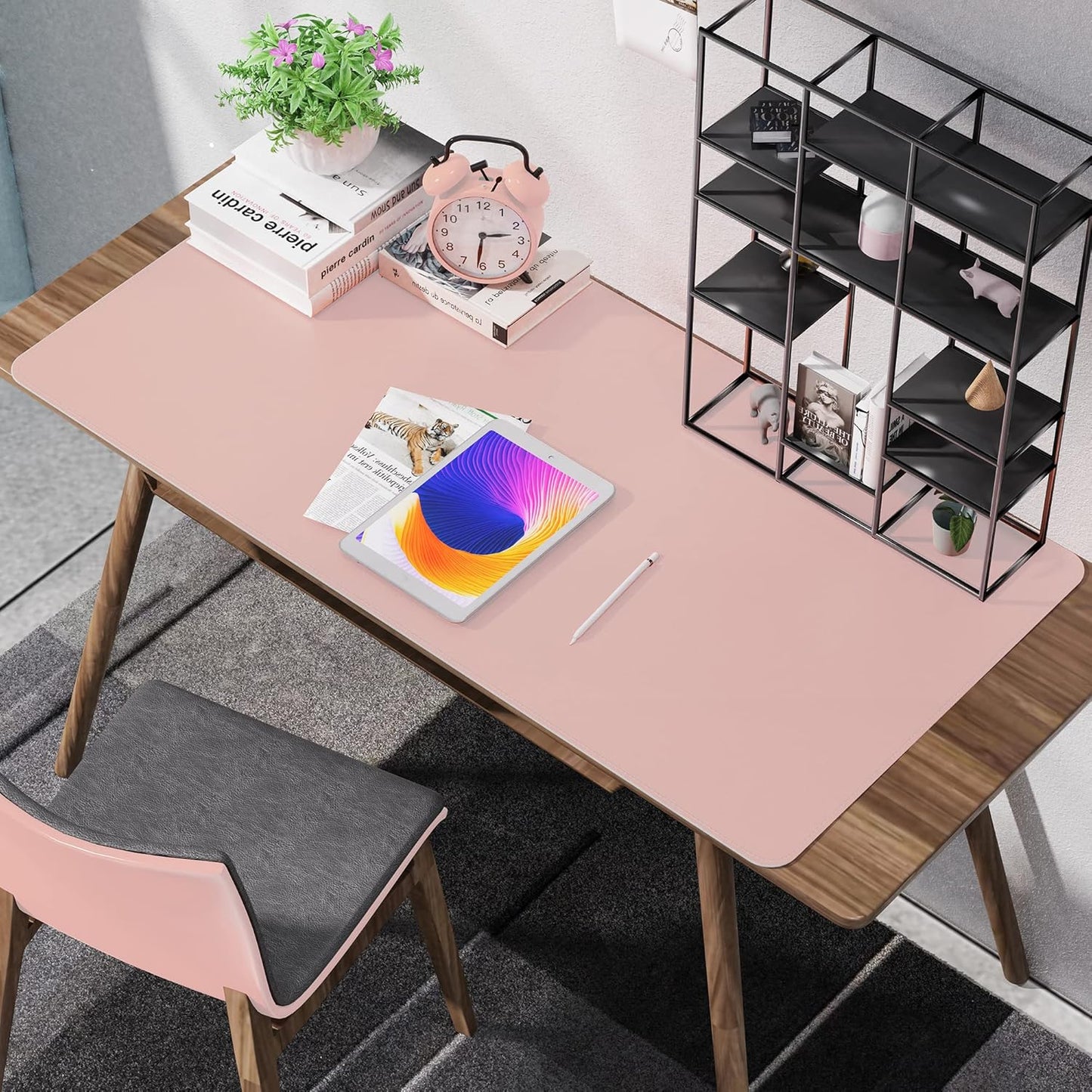 Leather Desk pad Protector, Large Desk mat with Natural Cork & PU Leather,Mouse pad,Non-Slip Office Desk Mat,Waterproof Desk Writing Pad for Office and Home (47in*23.7in, Pink)