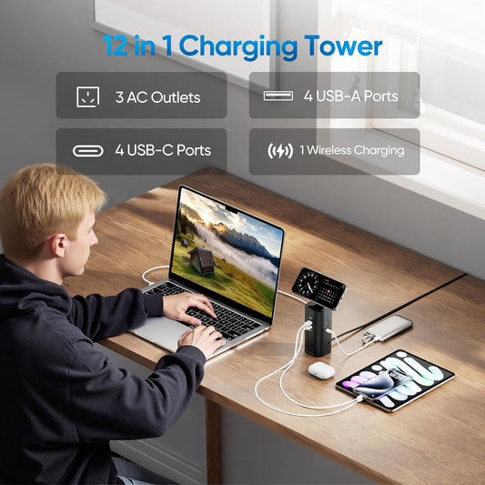 Surge Protector Power Strip Tower, TenTrend 160W Fast Charging Station with 3 AC Outlets & 8 USB Ports (4 USB-C), 5 FT Flat Plug Extension Cord with Multiple Outlets for Home Office