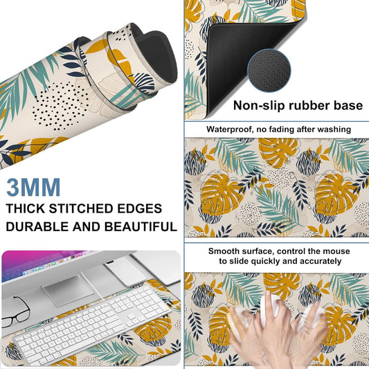 Large Mouse Pad Palm Leaves Gaming Desk Pad Computer Keyboard Non-Slip Waterproof Mouse Mat with Rubber Base and Stitched Edges Entertainment Office Writing Desk Mat 35.4 x 15.7 Inches