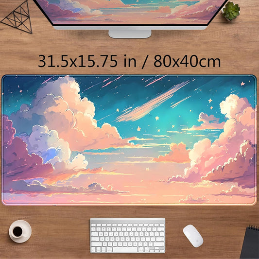 Cool Pink Desk Mat Pastel Clouds Large XXL Gaming Mouse Pad Non-Slip Rubber Base Mousepad, Office Desktop Decor Desk Pad, Computer Laptop Keyboard and Mouse Mat with Stitched Edges, 31.5x15.75 in