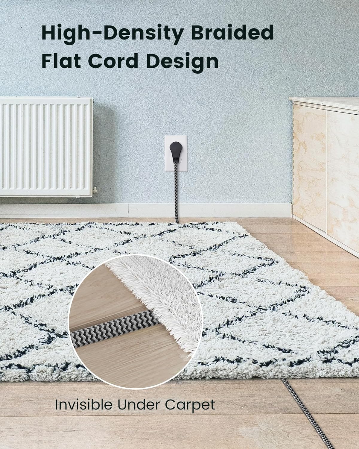 SURAIELEC 6FT Flat Extension Cord with 360° Rotating Plug, Braided Flat Plug with 3 Outlets, 16 AWG Thin Black Extension Cord for Indoor Use, Home, Office, Compact Spaces, ETL Listed