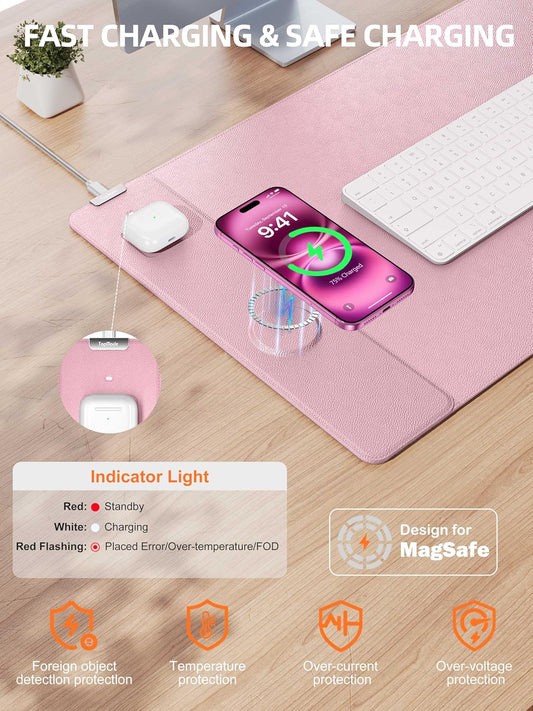 TopMade Mouse Pad with 15W Wireless Charging, XXL Large Leather Desk Mat, Waterproof Gaming Mousepad Home Office Desk Pad Protector, Computer Keyboard Pad, Mouse Mat for for MacBook, PC, Laptop, Pink