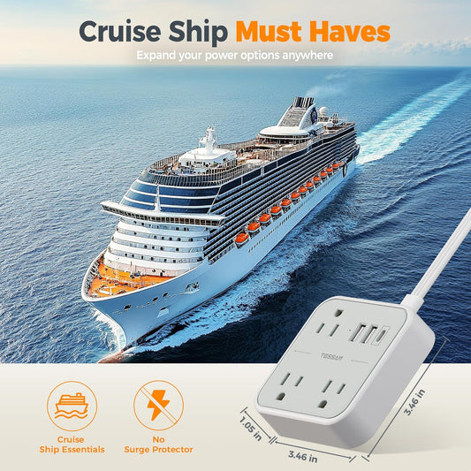 Cruise Essentials, TESSAN Flat Plug Travel Power Strip, Non Surge Protector for Cruise Ship, 3 Outlets 3 USB (1 USB C), 5 FT Extension Cord Small Power Strip with Ring Pull, Portable for Travel