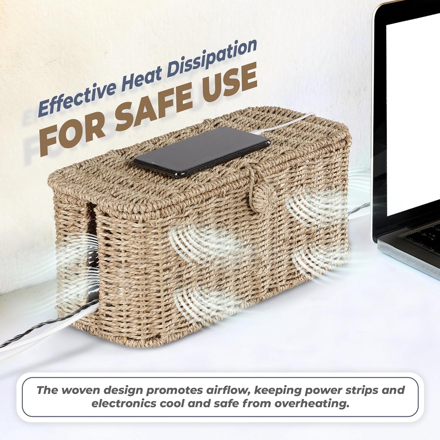 2-Pack Large Cable Management Box, Natural Rattan Cable Cord Organizer Boxes for Power Strip β 2 Open Slots Cords Hider Box for TV Wires, Computer, Router, USB Hub and Under Desk Power Strip