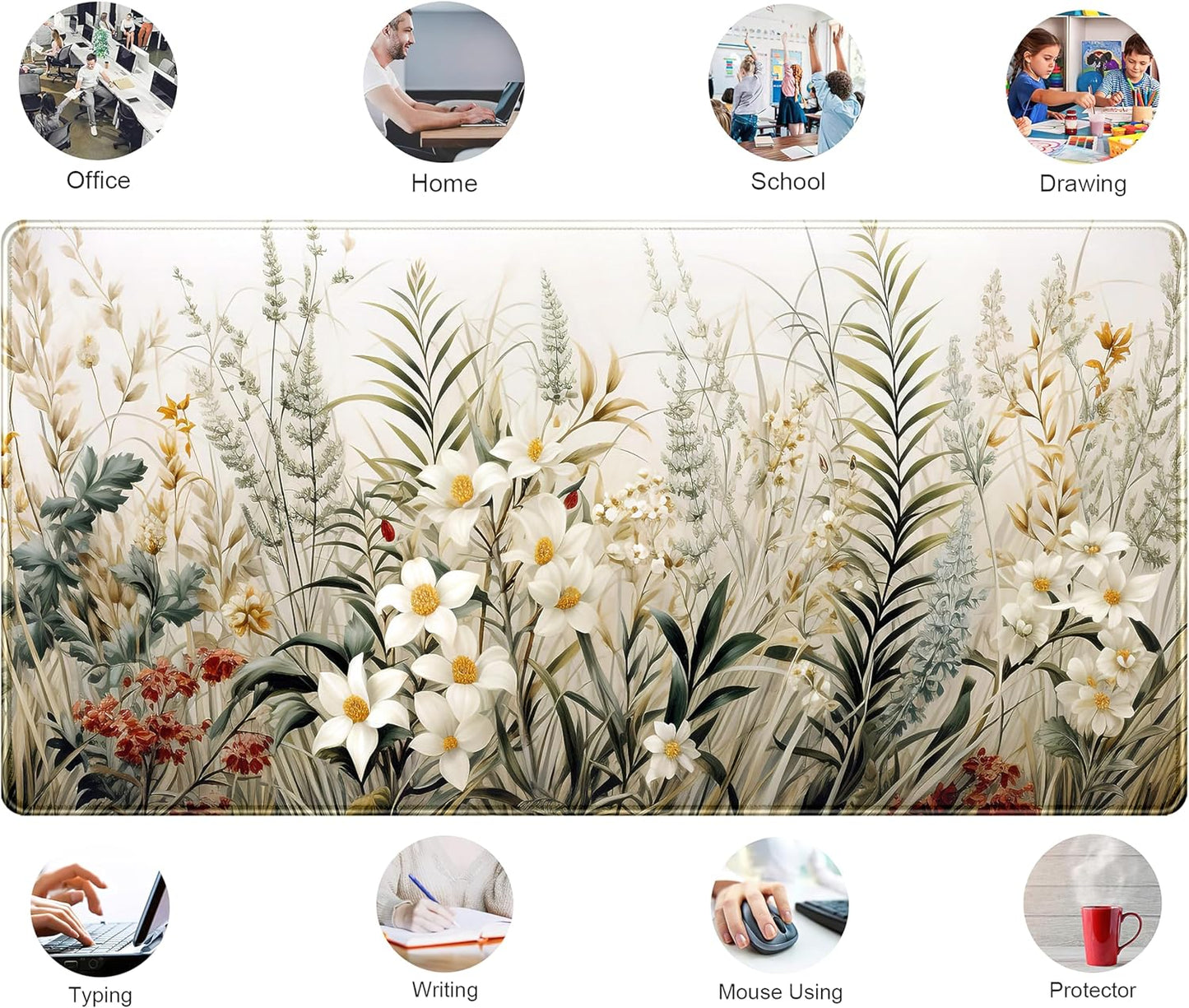 Beige Aesthetic Sage Desk Mat Cute Watercolor Flowers Mouse Pad Desk Pad, XXL Large Extended Gaming Anime Mousepad Big Keyboard Mouse Mat, Home Office Desktop Decor Deskpad for Women 31.5x15.75 in