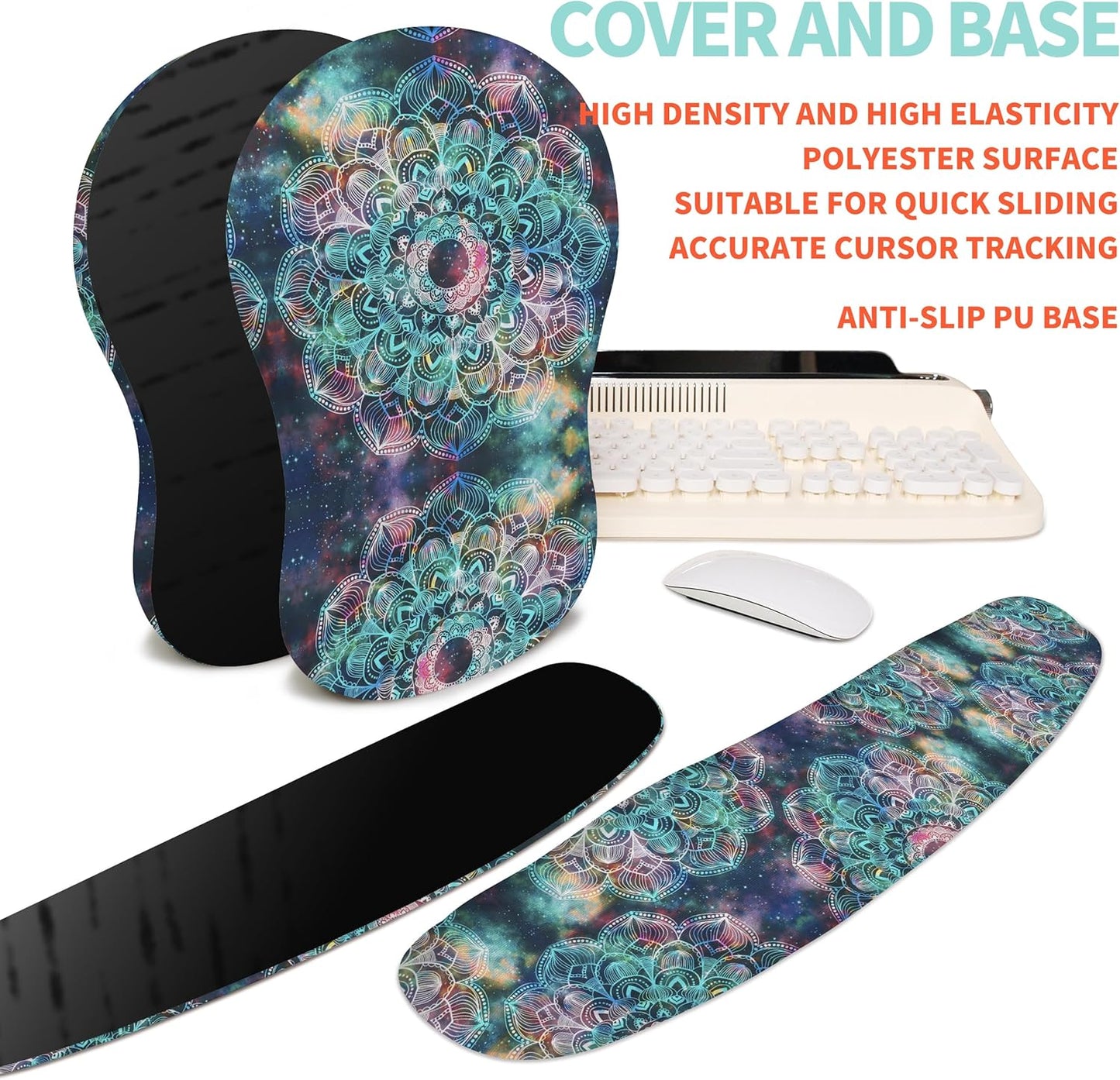 2-in-1 Ergonomic Set, Wave Rise Keyboard Wrist Rest and Massage Bulge Slope Mouse Pad Wrist Support, Cushion Memory Foam Integrated to Relieve Wrist Pain, Galaxy Mandala