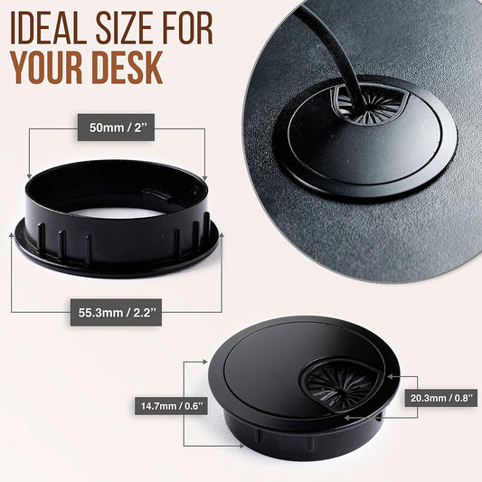MAHDPRO Metal Desk Grommet 2 Inch (50 mm) Pack of 2-Flat Black Zinc Alloy Metallic Desk Cord Hole Cover to Arrange Cables & Wires Through Computer Table/Countertops