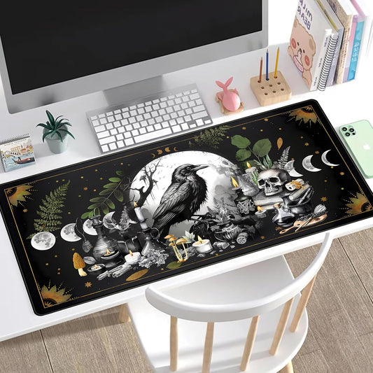 Cute Kawaii Raven Desk Mat XXL Large Extended Gaming Mouse Pad Nature Forest Gothic Mousepad with Stitched Edges, Anime Skull Laptop Keyboard and Mouse Mat Desk Pad for Work Game 31.5x15.7 in