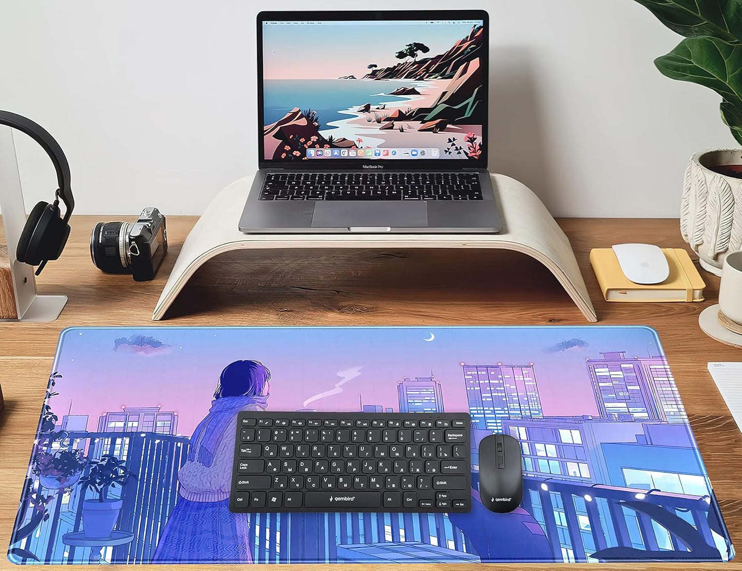 Purple Anime Kawaii Desk Mat Mousepad Cute Cat XXL Large Gaming Japanese Girly Aesthetic Mouse Pad Tokyo Street Desk Mat 31.5x15.75 in, Girl Gamer Desktop Mat Computer Laptop Keyboard Mouse Mat