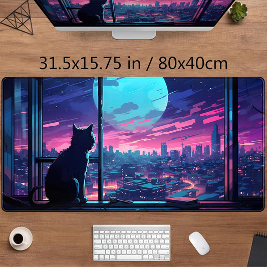 Cool Purple Kawaii Anime Moom Cat Desk Mat XXL Large Gaming Mouse Pad, Cute City Cats Desk Pad for Gamer Girl Women Office Desk Decor Mousepad, Computer Laptop Keyboard and Mouse Mat 31.5x15.75 in