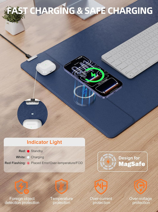 TopMade Mouse Pad with 15W Wireless Charging, XXL Large Leather Desk Mat, Waterproof Gaming Mousepad Home Office Desk Pad Protector, Computer Keyboard Pad, Mouse Mat for for MacBook, PC, Laptop, Blue