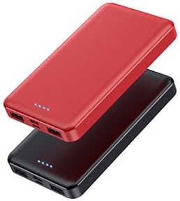 [2 Pack] Portable Charger Power Bank 10000mAh,Ultra Slim Compact External Battery Pack with USB C Input & Dual USB Outputs Backup Charger Compatible with iPhone 13,12, Samsung S20,Tablet-Black+Red