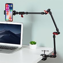 Adjustable Articulating Magic Arm with Clamp and Phone Holder Clip for Desk Mount, Desk Stand, Cell Phone Tripod