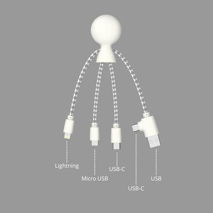Multi USB Cable 4 in 1 - Universal Charger Made from Recycled Plastic - USB, USB-C, Lighting, Micro USB Ports - Compatible with All Smartphones Mr Bio White Octopus