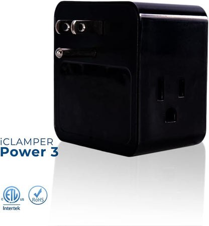 Clamper 3-Outlet Surge Protector 1800 Joules, 1875W, for TV, PC, Xbox, PS5, Refrigerators and Other Appliances (Compact Wall Surge Protector), iCLAMPER Power 3, 2-Pack Black