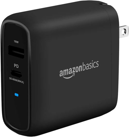 Amazon Basics 68W Two-Port GaN Wall Charger with 1 USB-C (60W) & 1 USB-A Ports (18W) with PD for Laptops, Tablets & Phones (iPhone 16/15/14/13/12/11/X, iPad, MacPro, Samsung, and more), Non-PPS, Black