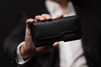 DeBin Holster for Large iPhone Plus, Pro Max Models 16 15 14 13 12 11 Xs Max – Leather Cell Phone Belt Holder Case with Clip, Carrying Pouch Cover Fits Phone with Case on, Black