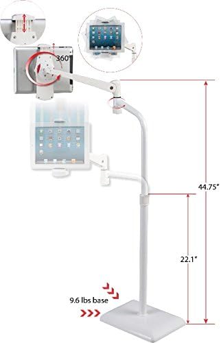 IDEE Tablet Floor Stand with 10lb Heavy Duty Base, 360 Degree Adjustable Tall Holder for Bed Compatible up to 13inch Kindles, iPads, and Tablets, White