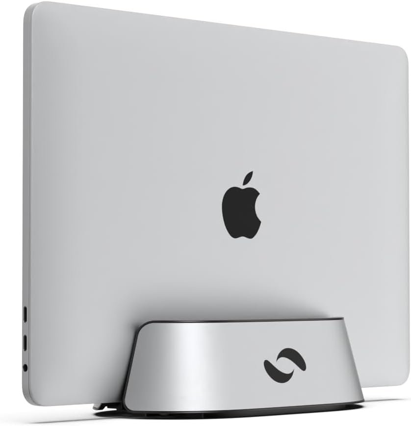 HumanCentric Vertical Laptop Stand in Silver Aluminum, Upright Adjustable Holder and Dock, Laptop Vertical Stand Fits MacBook Pro and Other Laptops .5" to 1.5", Clamshell Compatible