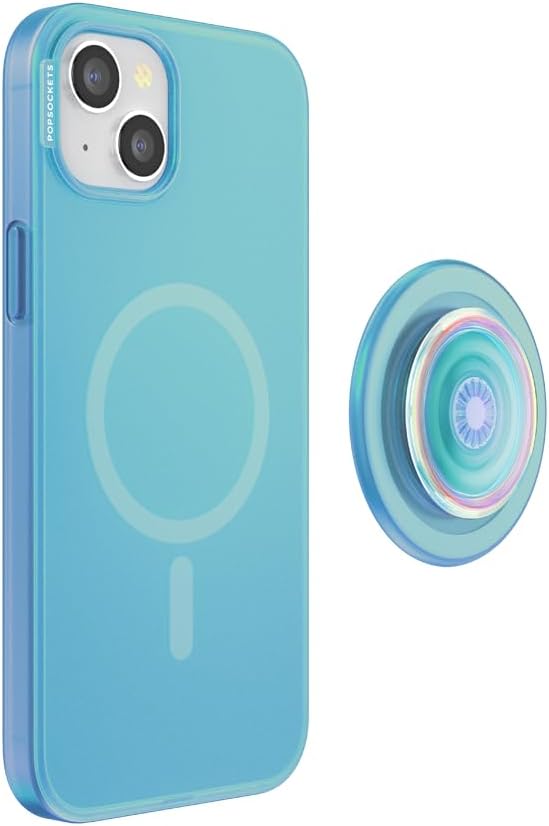 PopSockets iPhone 15 Plus Case with Round Phone Grip Compatible with MagSafe, Phone Case for iPhone 15 Plus, Wireless Charging Compatible - Blue Opalescent