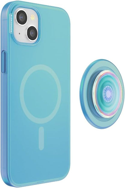 PopSockets iPhone 15 Plus Case with Round Phone Grip Compatible with MagSafe, Phone Case for iPhone 15 Plus, Wireless Charging Compatible - Blue Opalescent