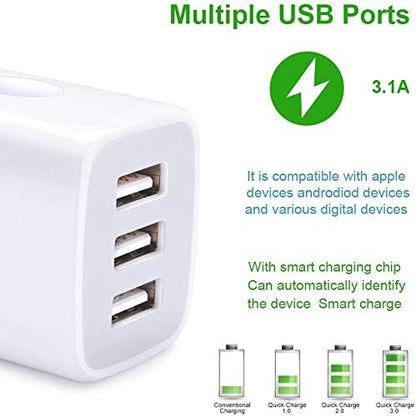 USB Charging Plug, Wall Charger Adapter, Sicodo 3Pack Universal Travel 3.1A 3Muti Port Fast Charging Block Compatible with iPhone 16 15 14 13 12 SE 11Pro,Samsung Galaxy S24 S23 S22 S21 Ultra, Google