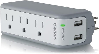 Belkin Wall Mount Surge Protector - 3 AC Multi Outlets & 2 USB Ports - Flat Rotating Plug Splitter - Wall Outlet Extender for Home, Office, Travel, Computer Desktop & Phone Charger - 918 Joules