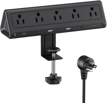 6.5 FT Desk Clamp Power Strip with 5 AC Outlets & 6 USB Ports PD 40W USB-C Fast Charging, 1250J Surge Protector, Fits 2.6 in top Edge Black